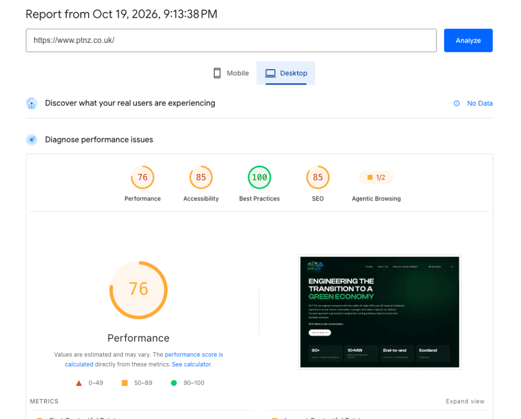 PageSpeed desktop before